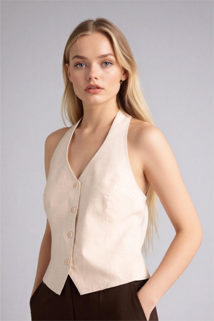 Женщины Бежевый Жилет из льна для женщин