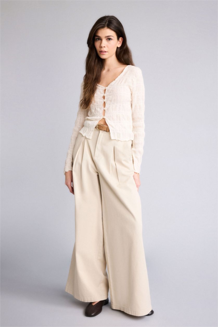 Woman Ecru Wide Leg Trousers