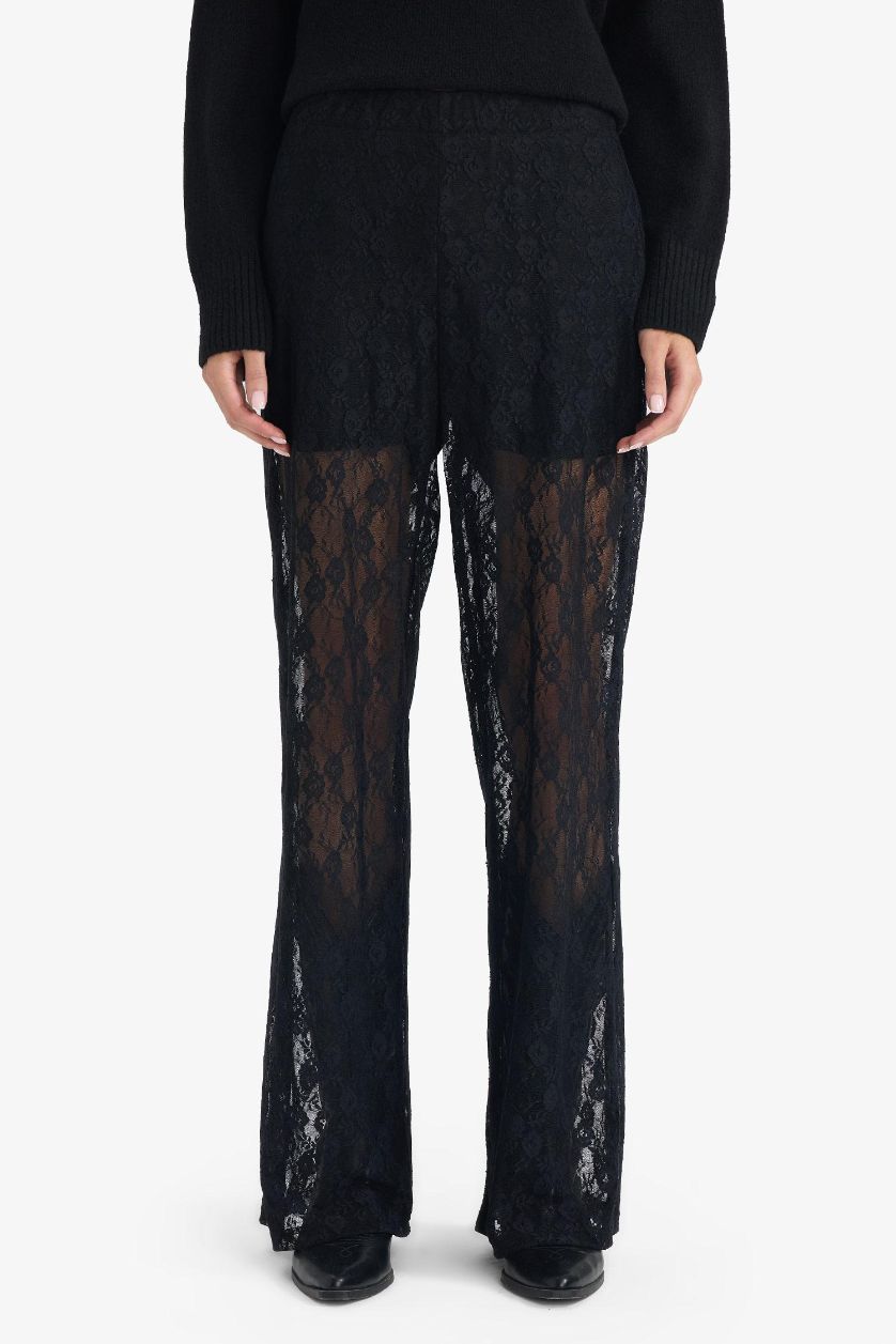WOMAN Black Wide Leg Normal Waist Standard Length Lace Trousers