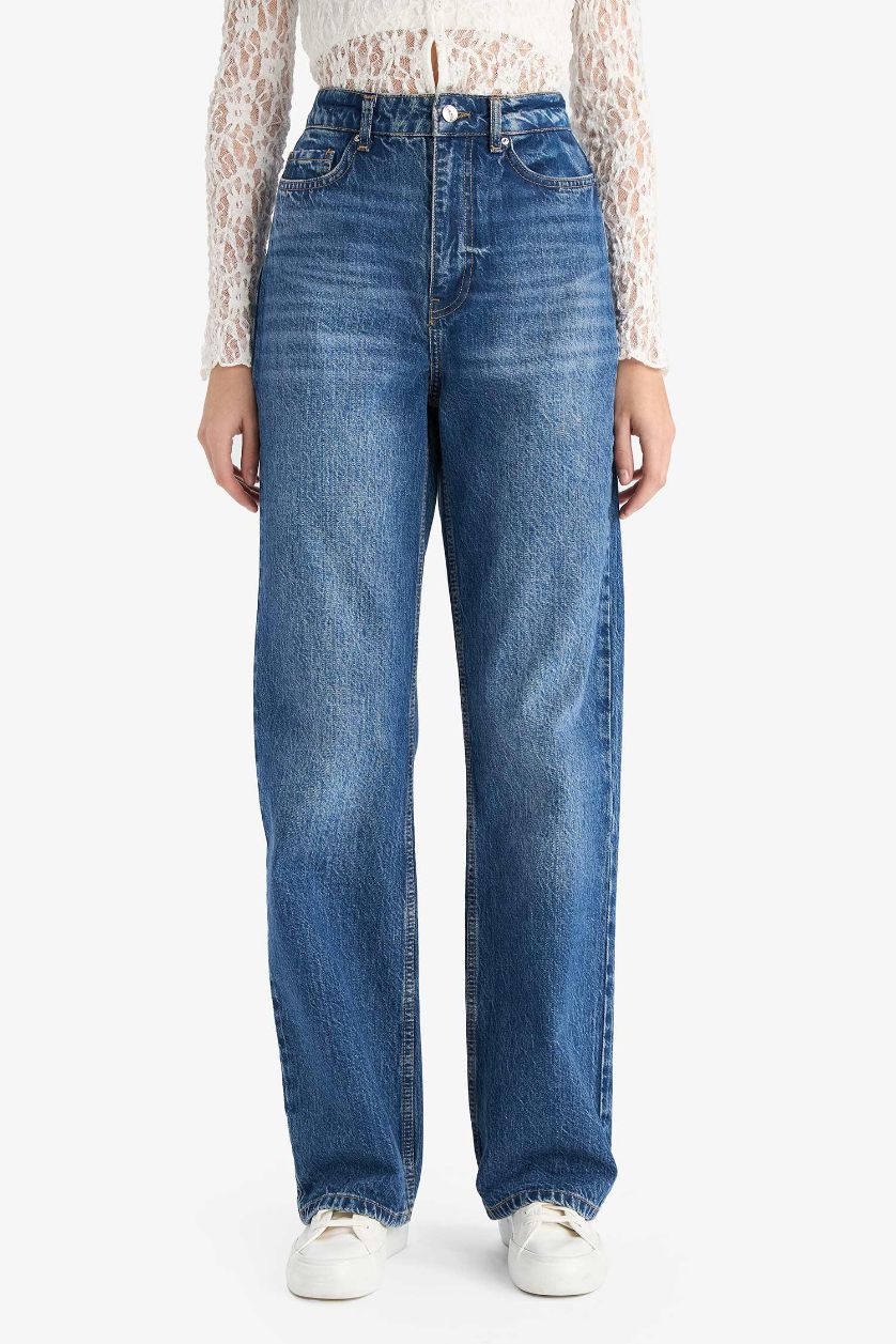 WOMAN Blue Straight Fit High Waist Long Washed Jeans