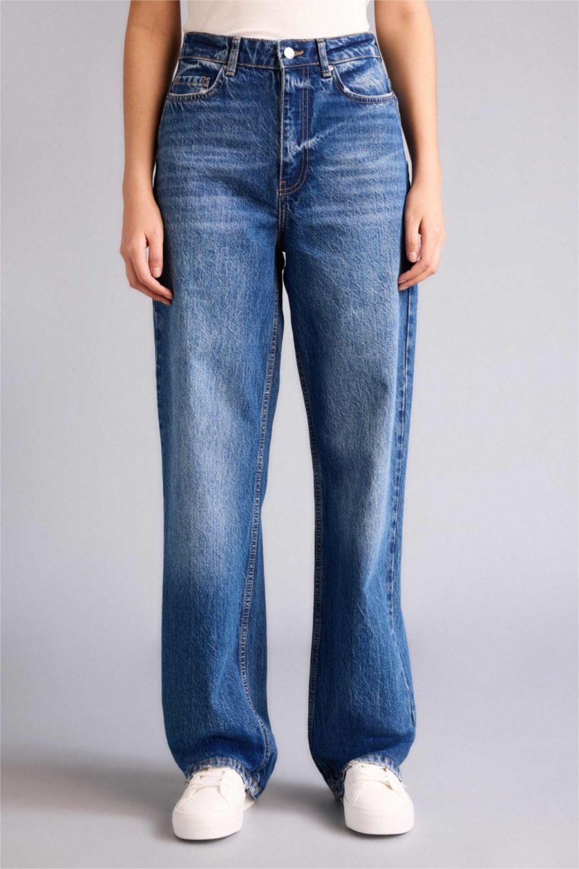 FEMME Bleu Jean pantalon délavé long taille haute Coupe droite