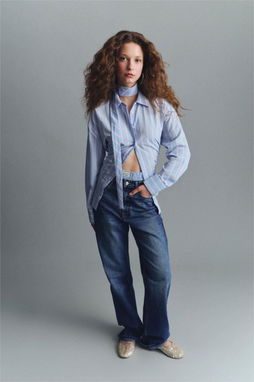 Женщины Голубрй Брюки прямойго кроя c высокой талией для женщин