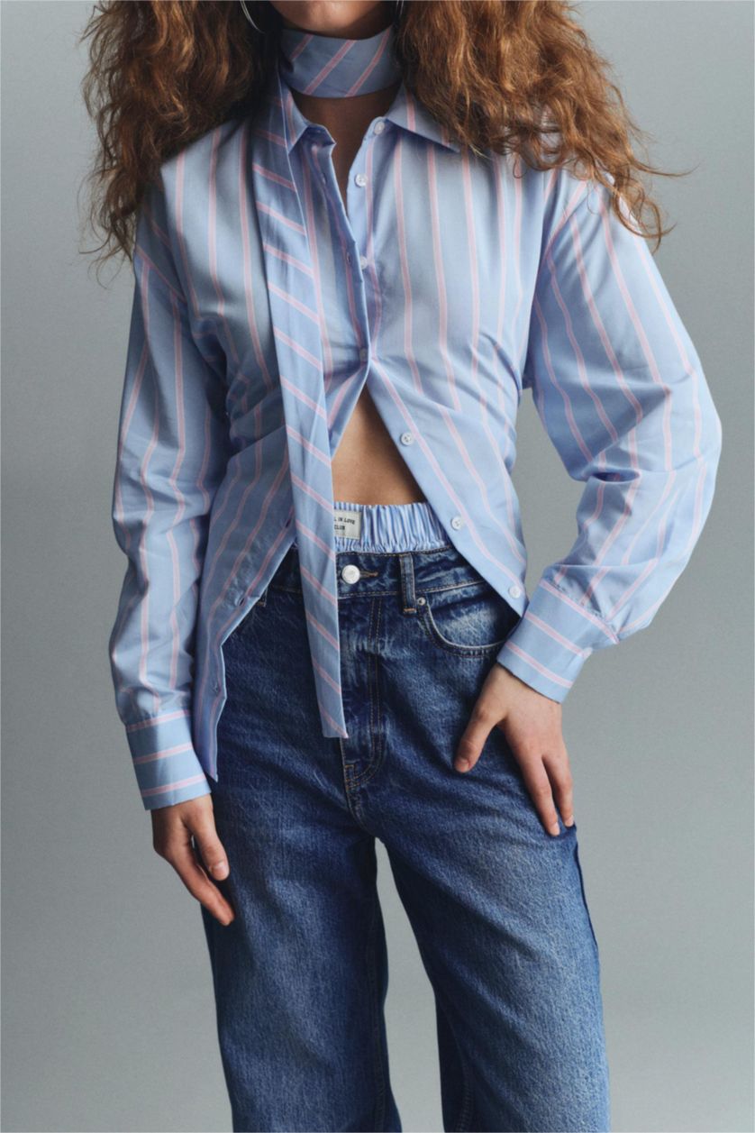 Женщины Голубрй Брюки прямойго кроя c высокой талией для женщин