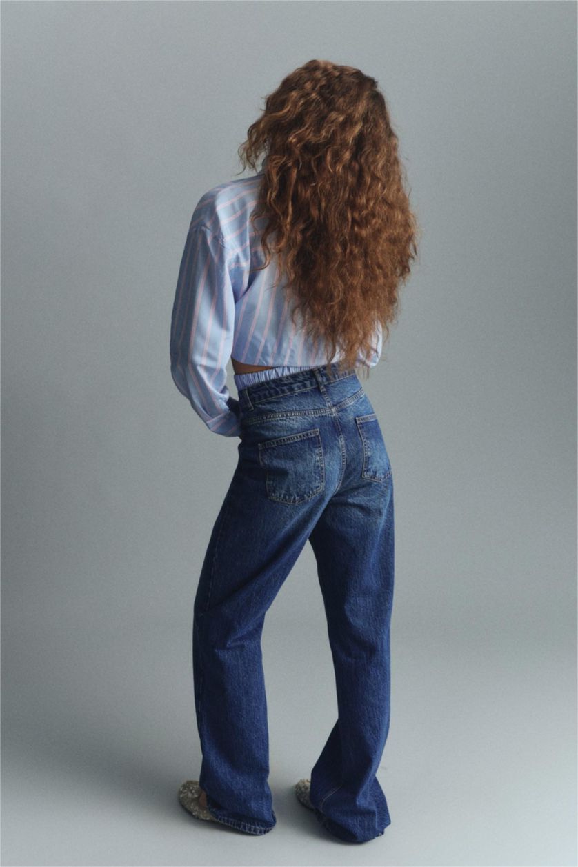 Женщины Голубрй Брюки прямойго кроя c высокой талией для женщин