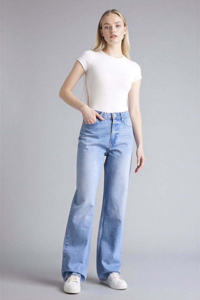 Kadın Açık İndigo Straıght Fıt Yüksek Bel Jean Pantolon