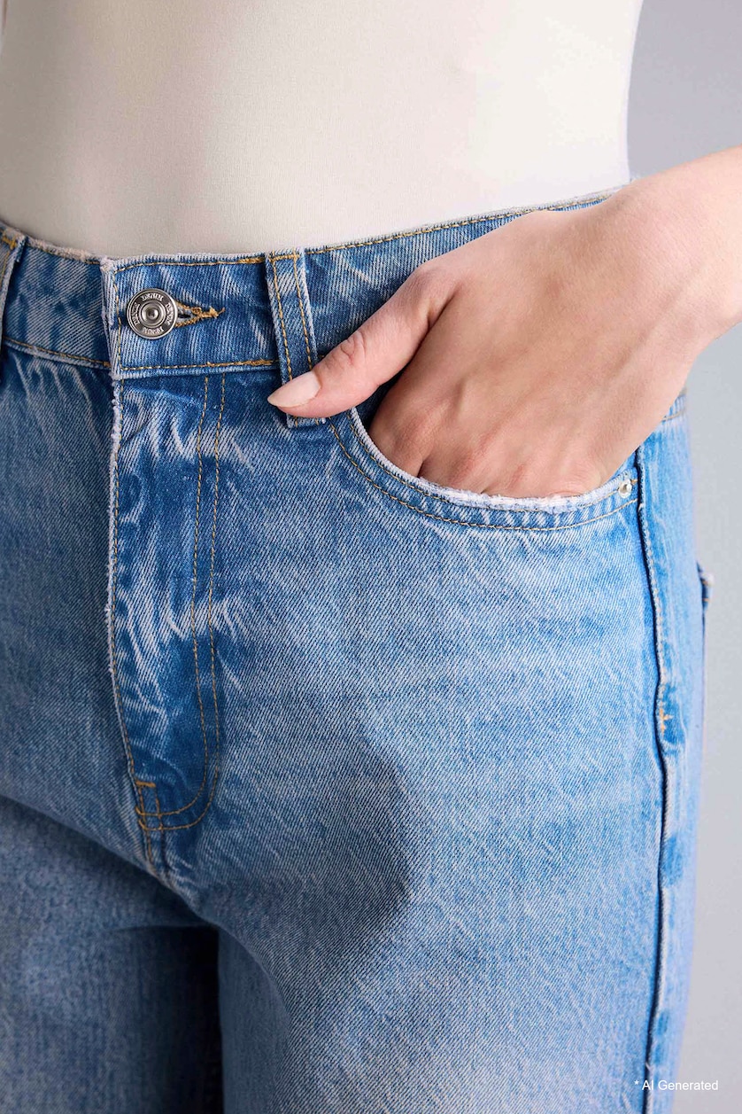 نساء نيلي فاتح بنطلون جينز قطن 100% قصة مستقيمة وخصر عالي