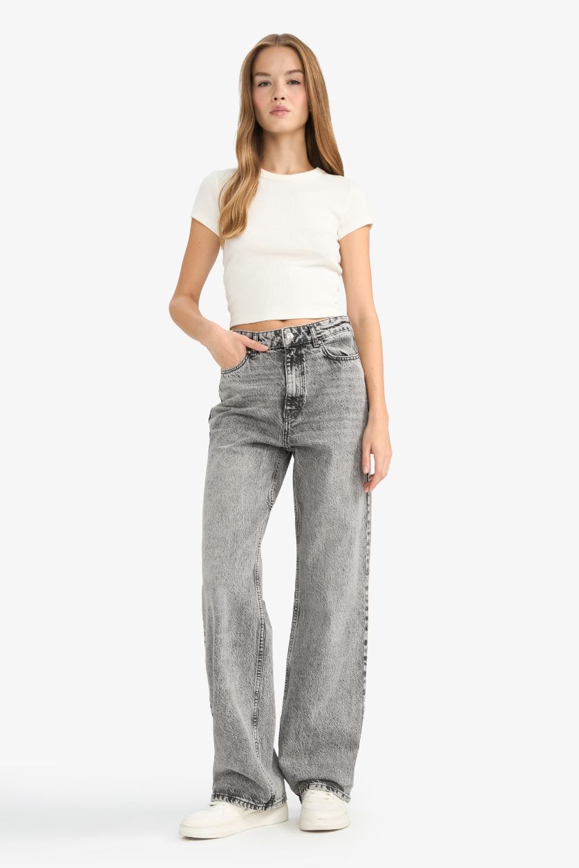 WOMAN Grey Straight Fit High Waist Long Washed Jeans