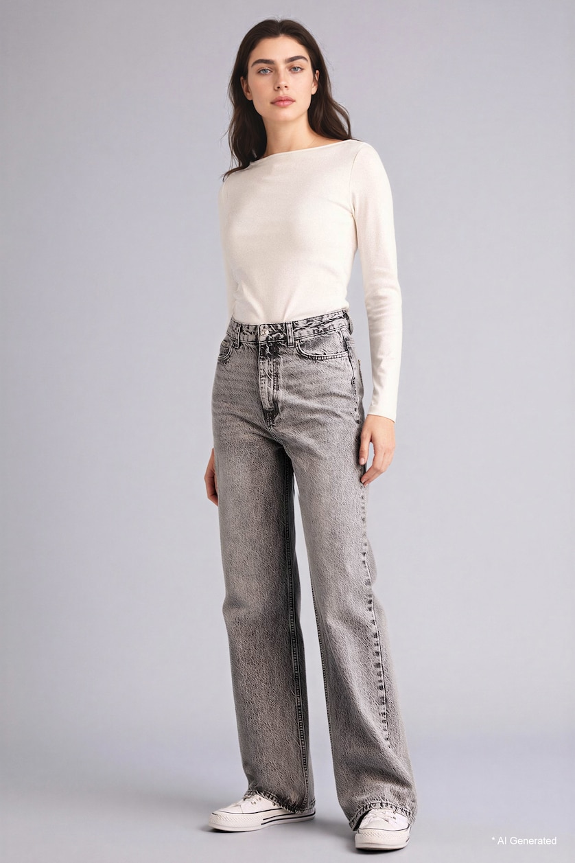 Woman Grey 100% Cotton Straight Fit High Waist Jeans