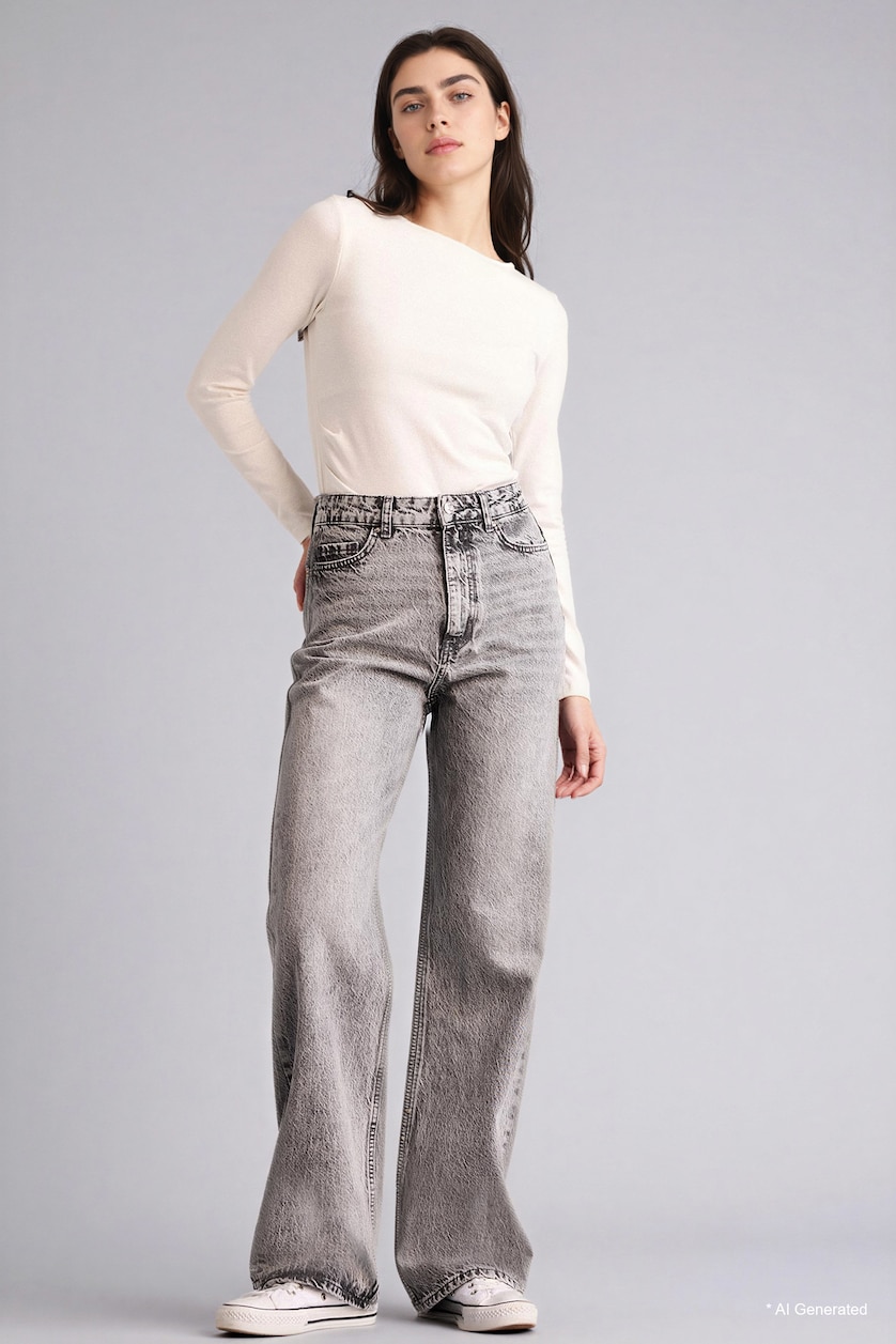 Woman Grey 100% Cotton Straight Fit High Waist Jeans