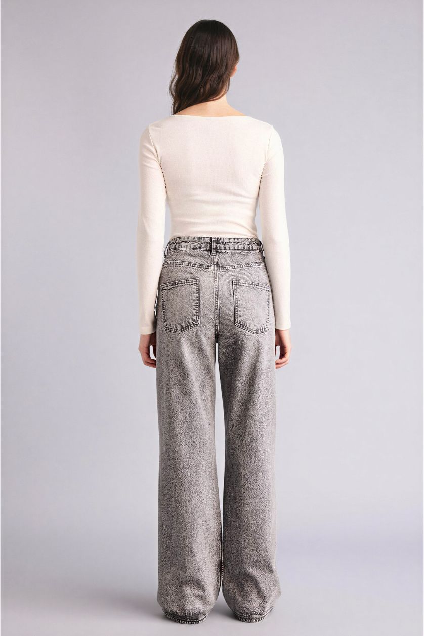Kadın Gri Straıght Fıt Yüksek Bel Uzun Jean Yıkamalı Pantolon