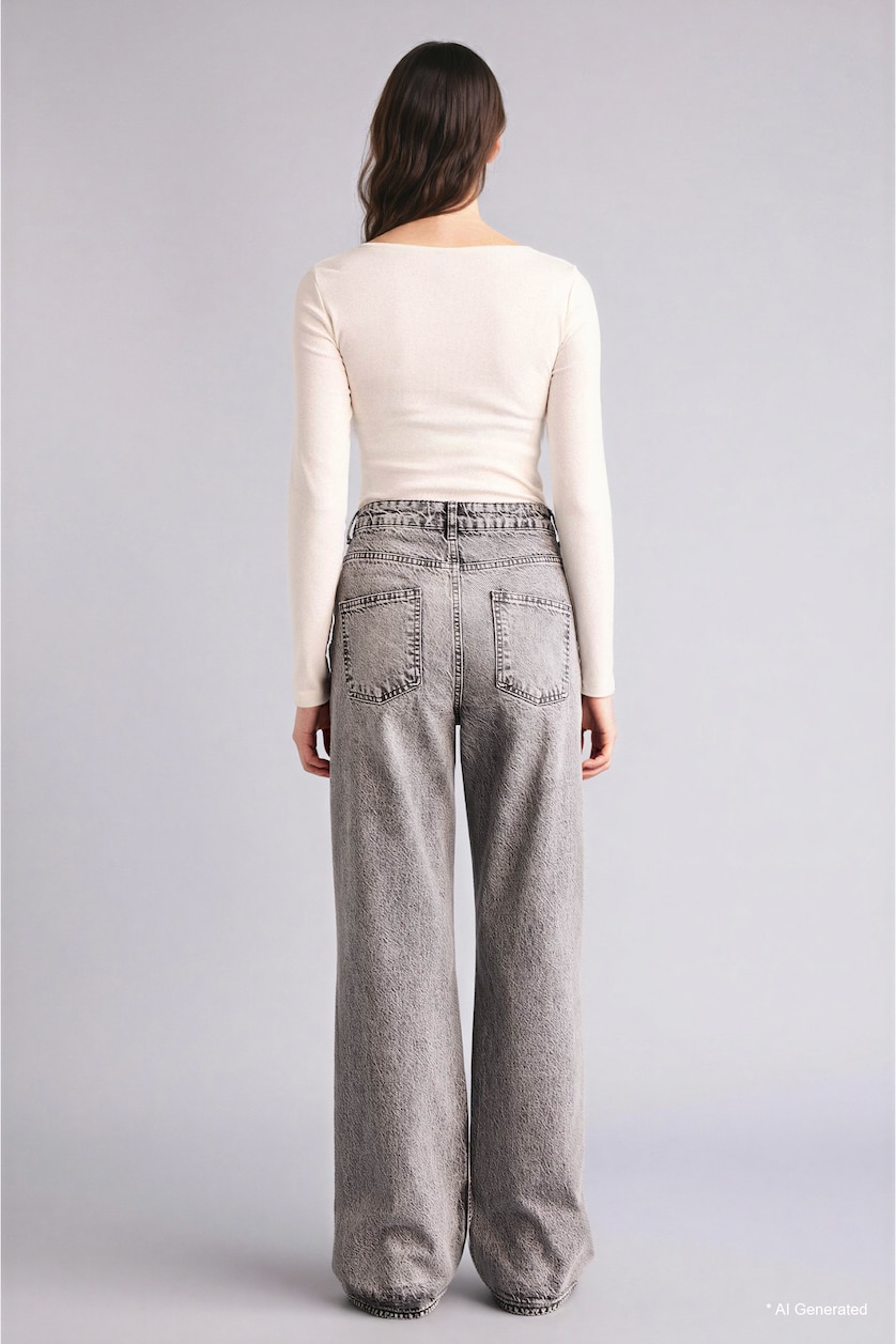Woman Grey 100% Cotton Straight Fit High Waist Jeans