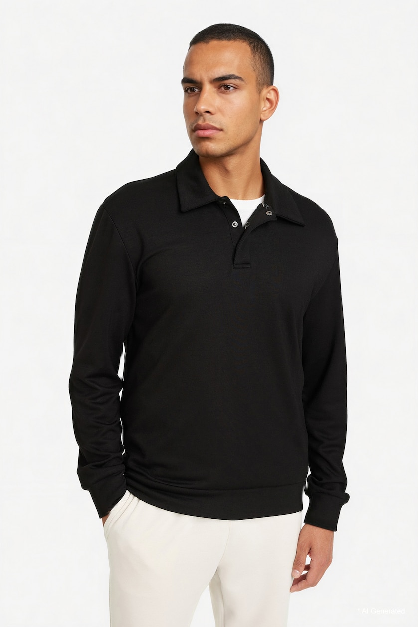 Erkek Siyah Standart Fit Polo Yaka Modal Sporcu Sweatshirt