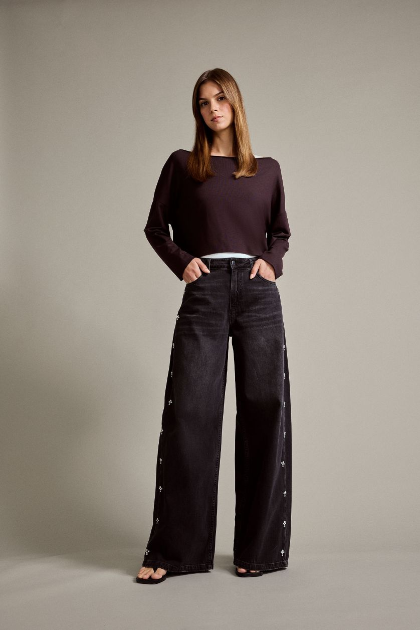 Kadın Siyah %100 Pamuk Relax Fıt Geniş Paça Jean Pantolon