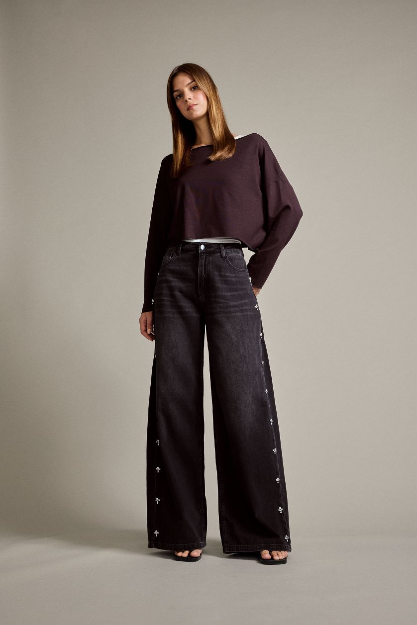 Kadın Siyah %100 Pamuk Relax Fıt Geniş Paça Jean Pantolon