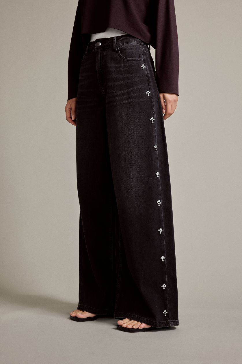 Kadın Siyah %100 Pamuk Relax Fıt Geniş Paça Jean Pantolon