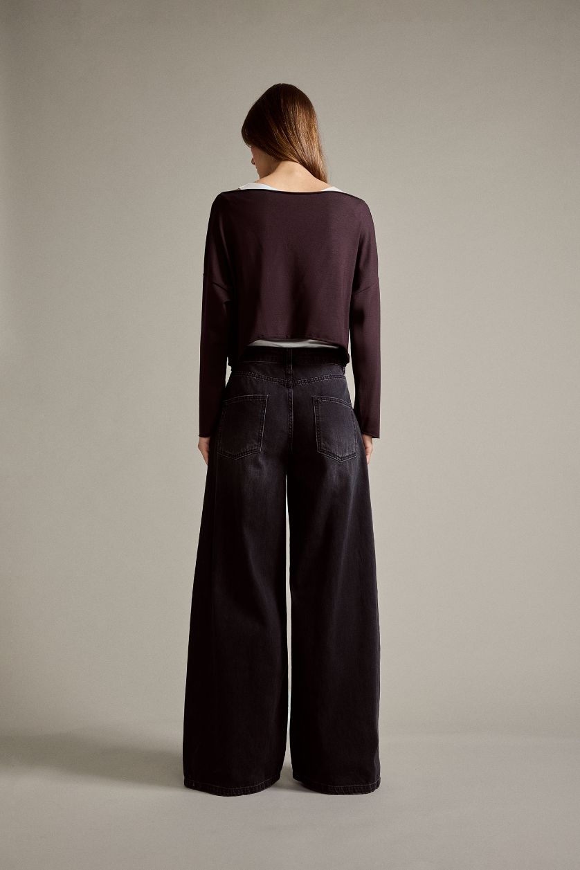 Kadın Siyah %100 Pamuk Relax Fıt Geniş Paça Jean Pantolon