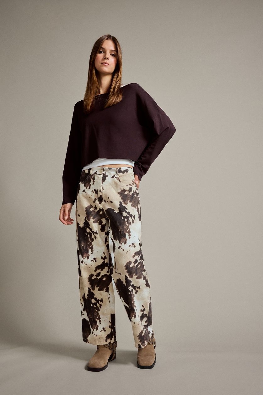 نساء أبيض بنطرون جينز مطبوع قصة مريحة