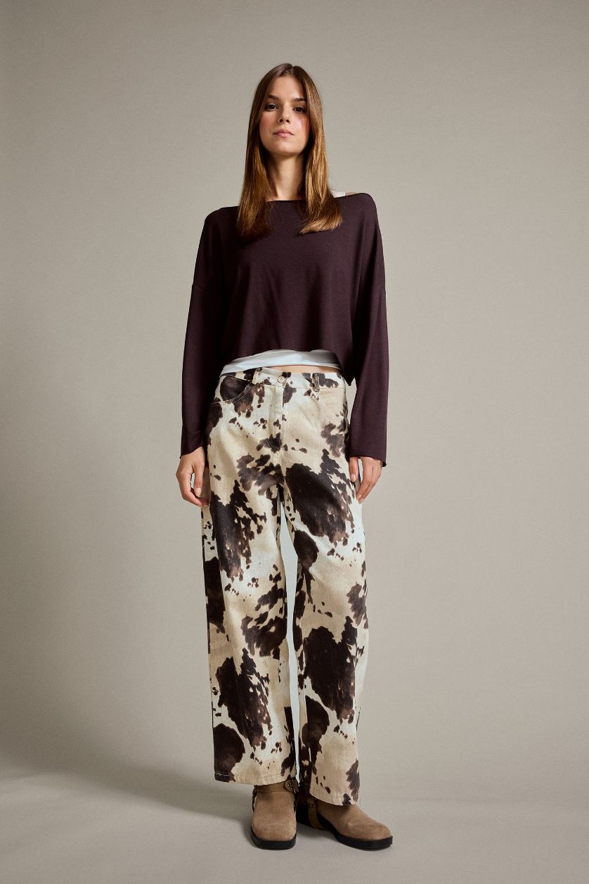 نساء أبيض بنطرون جينز مطبوع قصة مريحة