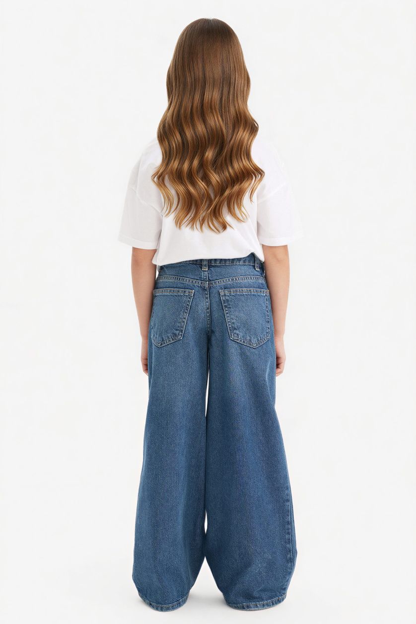 Kız Çocuk - Genç Kız Mavi Wide Leg Geniş Paça Jean Pantolon Kız Çocuk