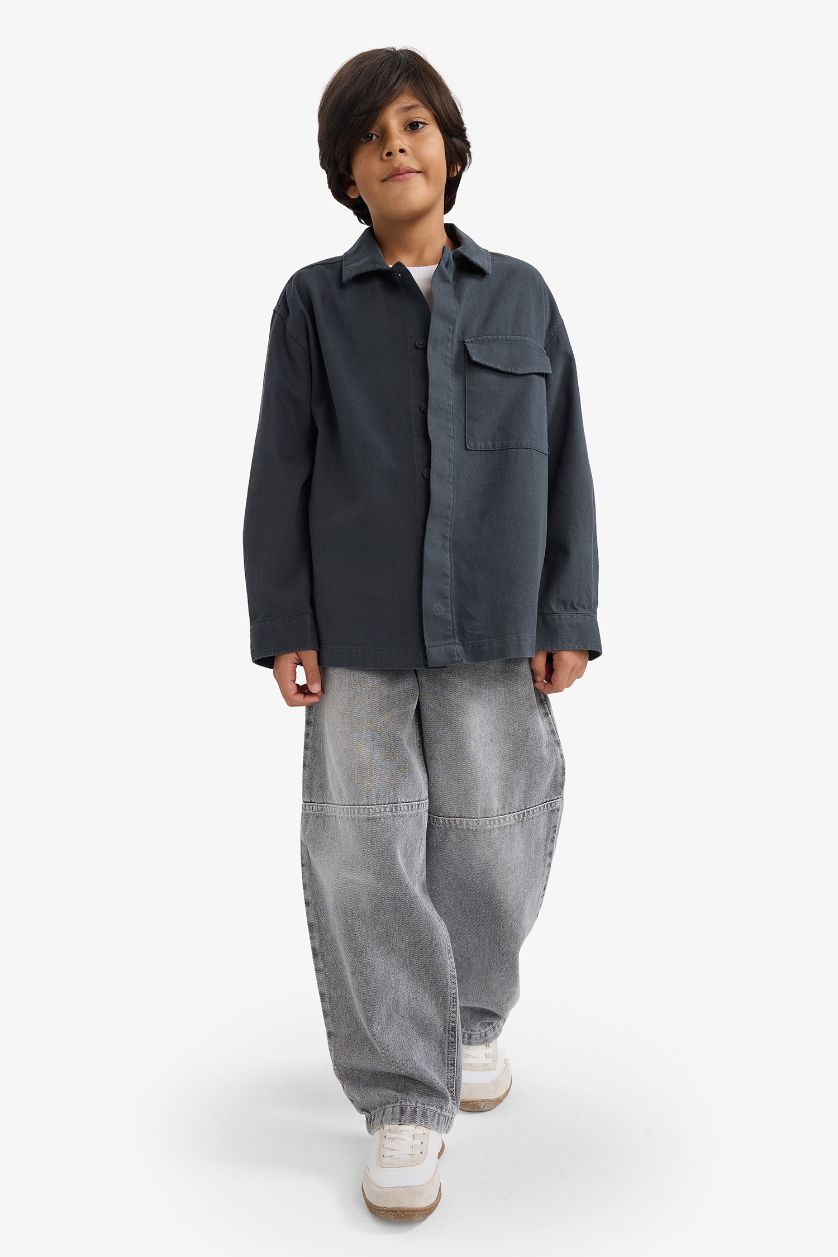 Erkek Çocuk - Genç Erkek Antrasit Oversize Geniş Kalıp Polo Yaka Uzun Kollu Gömlek Erkek Çocuk