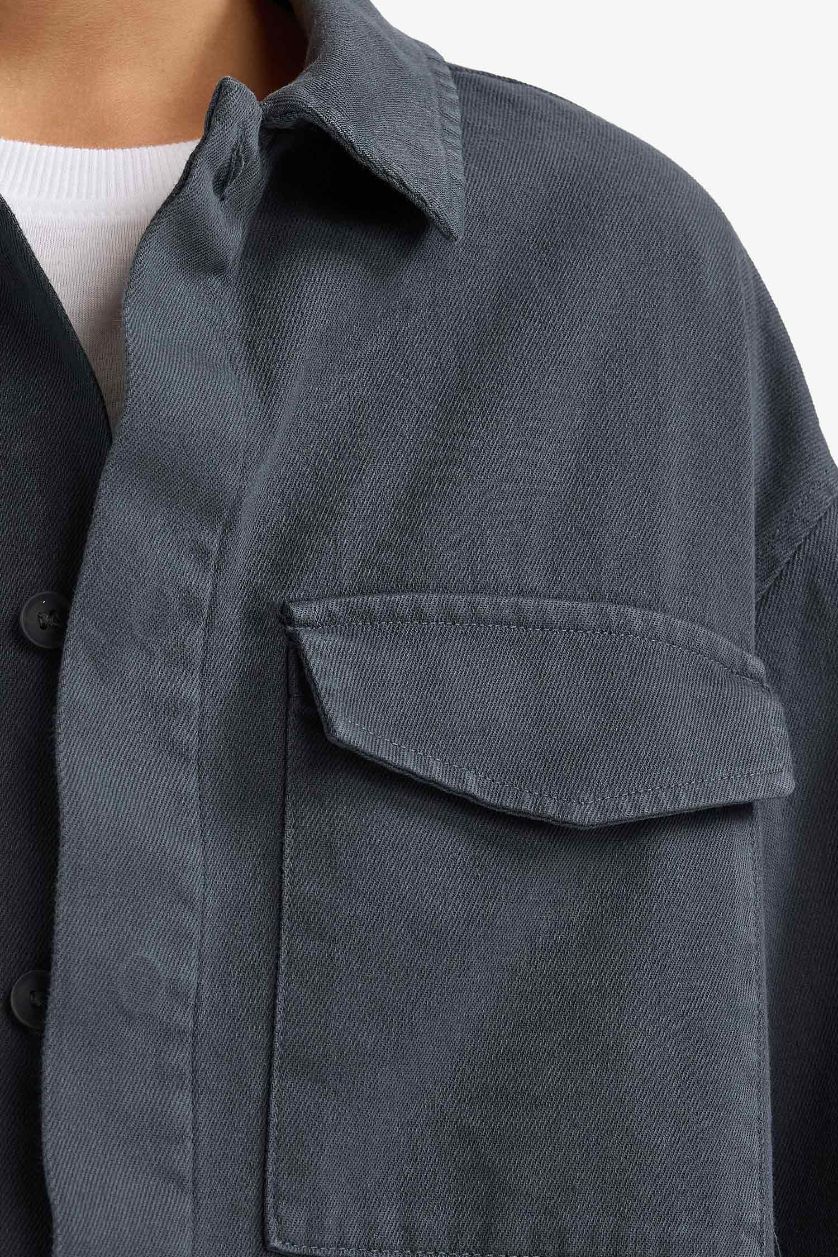 Erkek Çocuk - Genç Erkek Antrasit Oversize Geniş Kalıp Polo Yaka Uzun Kollu Gömlek Erkek Çocuk