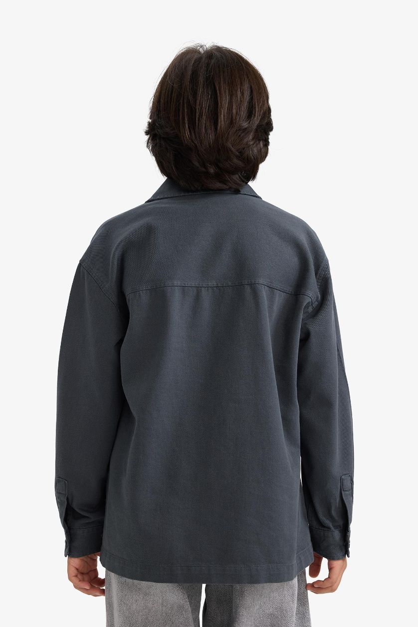 Erkek Çocuk - Genç Erkek Antrasit Oversize Geniş Kalıp Polo Yaka Uzun Kollu Gömlek Erkek Çocuk