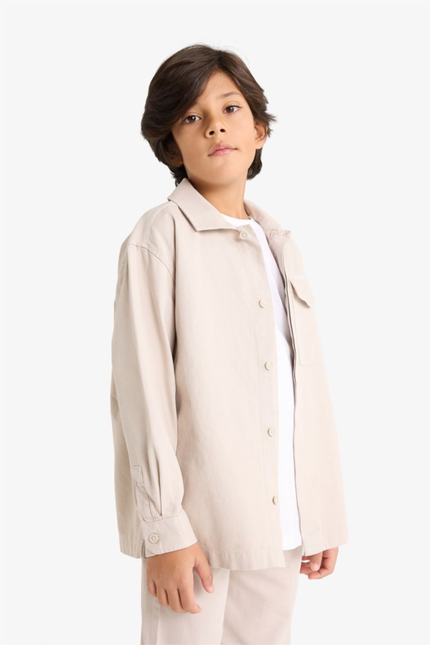 Erkek Çocuk - Genç Erkek Gri Oversize Geniş Kalıp Polo Yaka Uzun Kollu Gömlek Erkek Çocuk