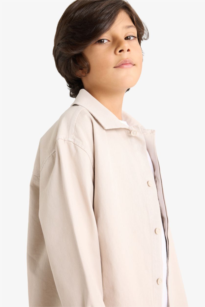 Erkek Çocuk - Genç Erkek Gri Oversize Geniş Kalıp Polo Yaka Uzun Kollu Gömlek Erkek Çocuk