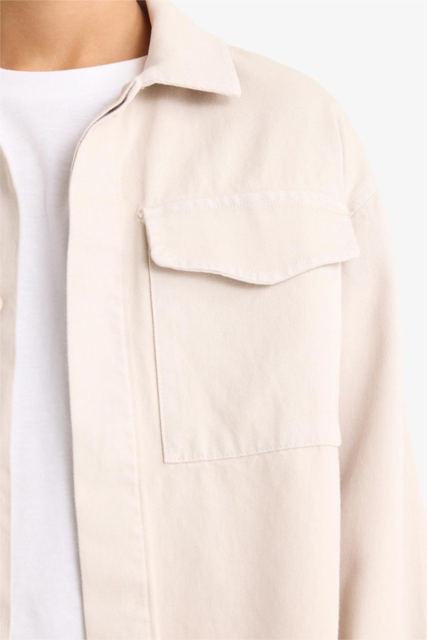 Erkek Çocuk - Genç Erkek Gri Oversize Geniş Kalıp Polo Yaka Uzun Kollu Gömlek Erkek Çocuk