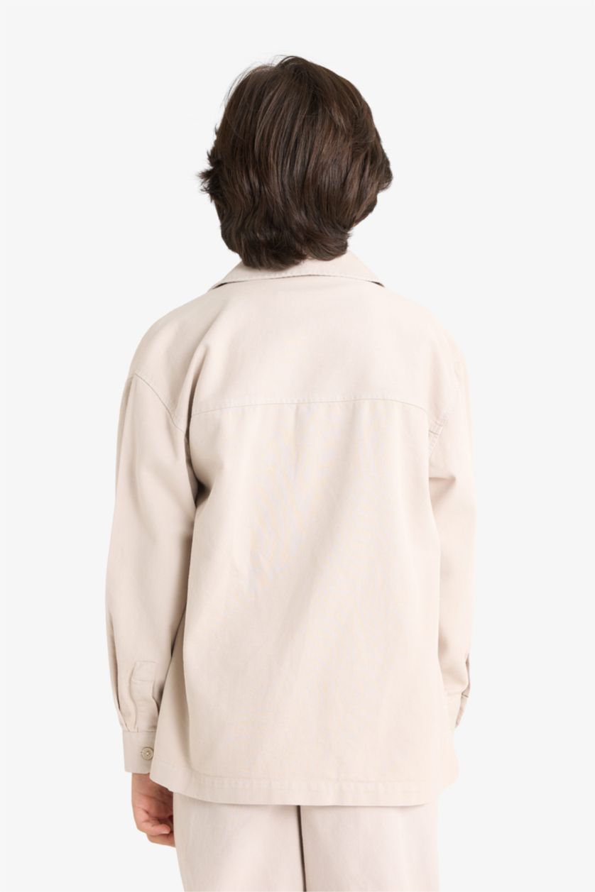 Erkek Çocuk - Genç Erkek Gri Oversize Geniş Kalıp Polo Yaka Uzun Kollu Gömlek Erkek Çocuk