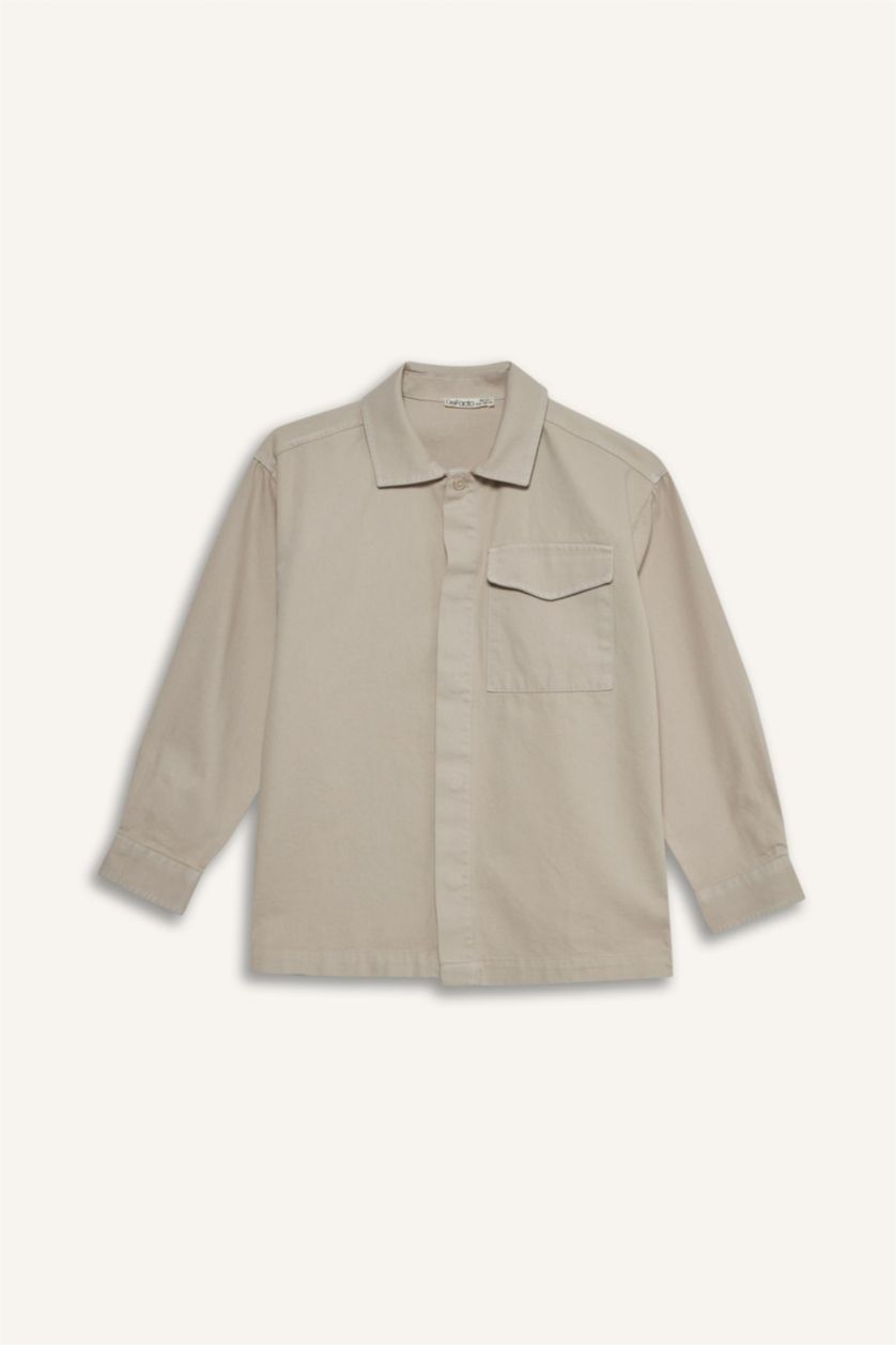 Erkek Çocuk - Genç Erkek Gri Oversize Geniş Kalıp Polo Yaka Uzun Kollu Gömlek Erkek Çocuk