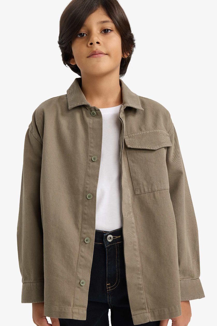 Erkek Çocuk - Genç Erkek Haki Oversize Geniş Kalıp Polo Yaka Uzun Kollu Gömlek Erkek Çocuk