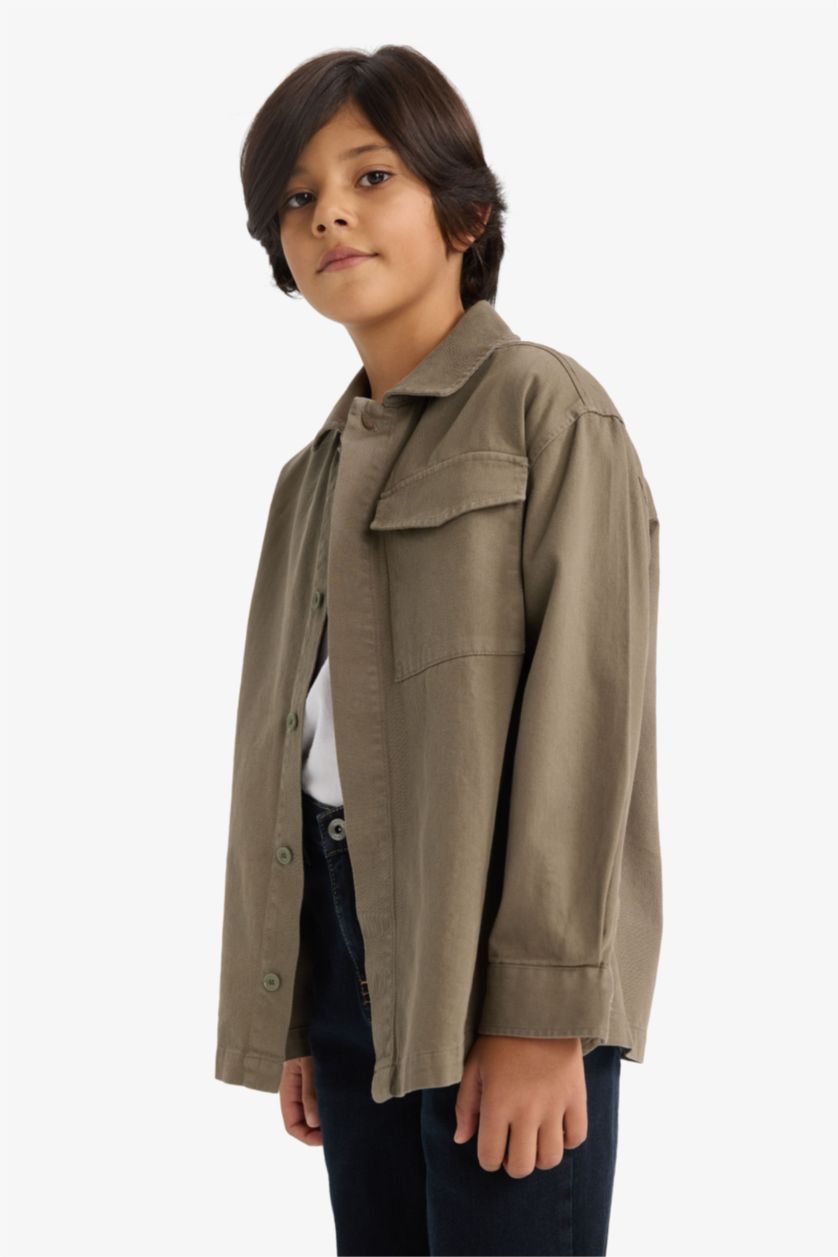 Erkek Çocuk - Genç Erkek Haki Oversize Geniş Kalıp Polo Yaka Uzun Kollu Gömlek Erkek Çocuk