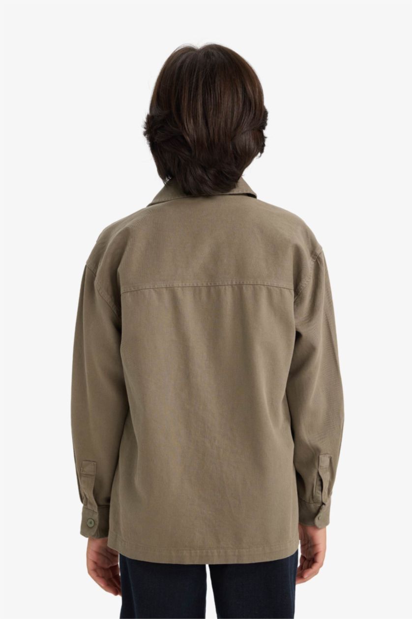 Erkek Çocuk - Genç Erkek Haki Oversize Geniş Kalıp Polo Yaka Uzun Kollu Gömlek Erkek Çocuk