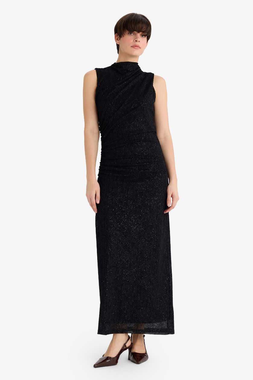 WOMAN Black Regular Fit Crew Neck Tulle Sleeveless Midi Dress