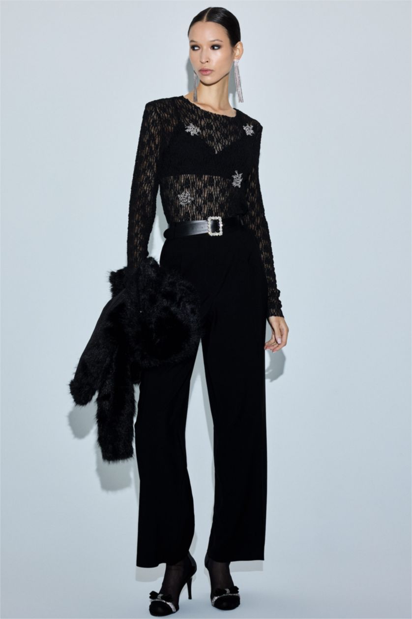 WOMAN Black Straight Fit Regular Leg High Waist Trousers