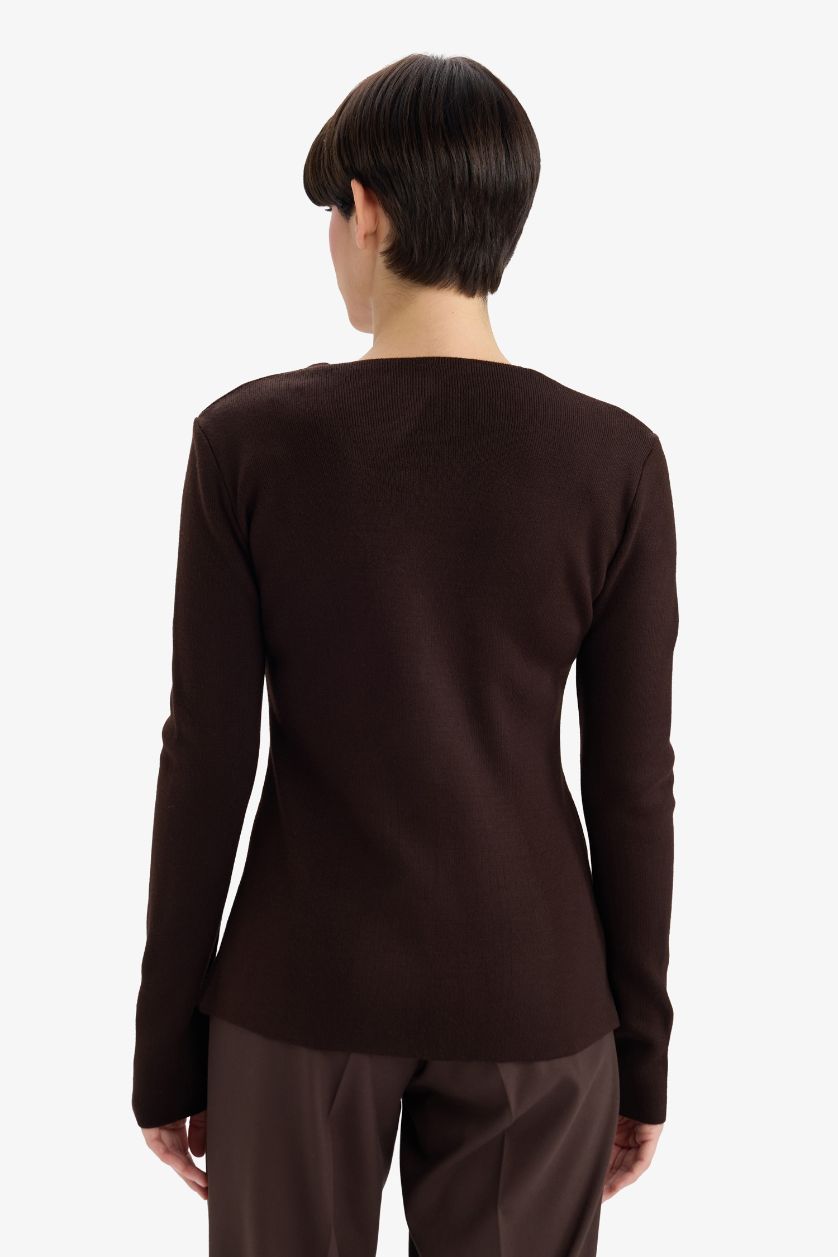 Kadın Kahve Fitted V Yaka Düğmeli Triko Hırka