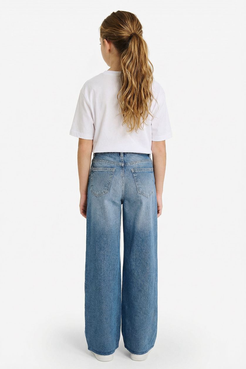 بنات أزرق بنطرون جينز وايد ليج برجل واسع