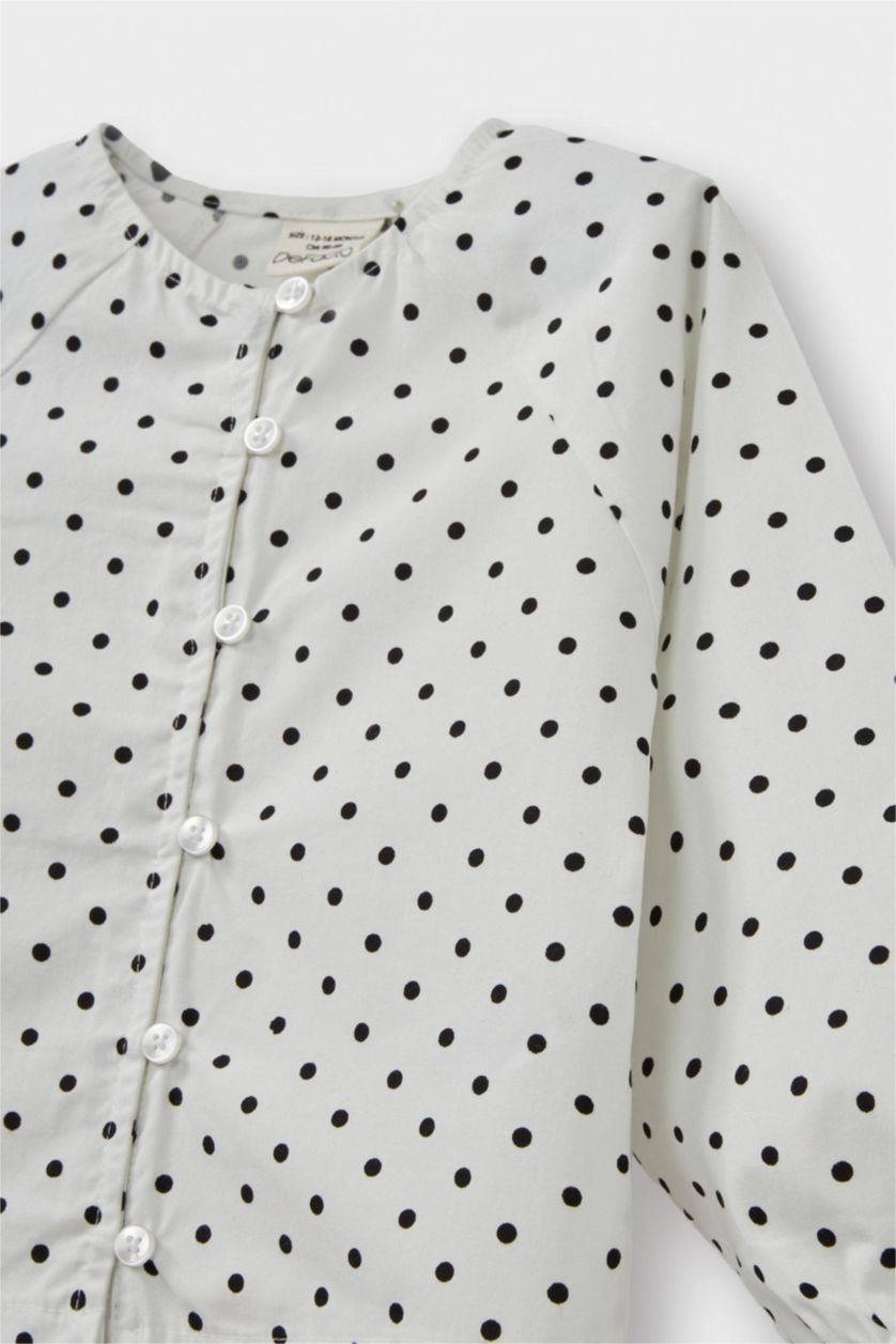 Kız Bebek Ekru Puantiyeli Reglan Kol Poplin Uzun Kollu Gömlek Kız Bebek