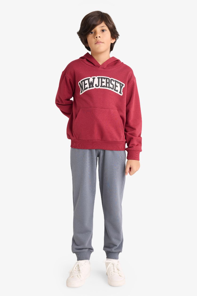 Erkek Çocuk - Genç Erkek Bordo 2'li Takım Kapüşonlu Baskılı Sweatshirt Eşofman Altı Erkek Çocuk