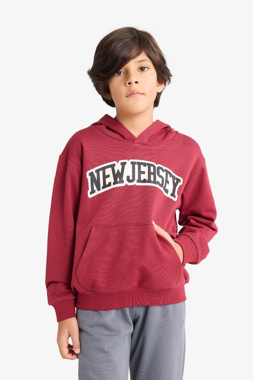 Erkek Çocuk - Genç Erkek Bordo 2'li Takım Kapüşonlu Baskılı Sweatshirt Eşofman Altı Erkek Çocuk