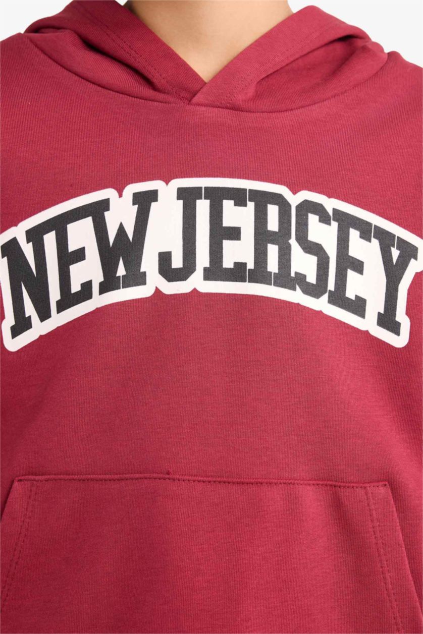 Erkek Çocuk - Genç Erkek Bordo 2'li Takım Kapüşonlu Baskılı Sweatshirt Eşofman Altı Erkek Çocuk