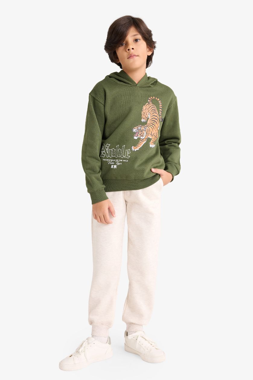 Erkek Çocuk - Genç Erkek Haki 2'li Takım Kaplan Baskılı Kapüşonlu Sweatshirt Eşofman Altı Erkek Çocuk