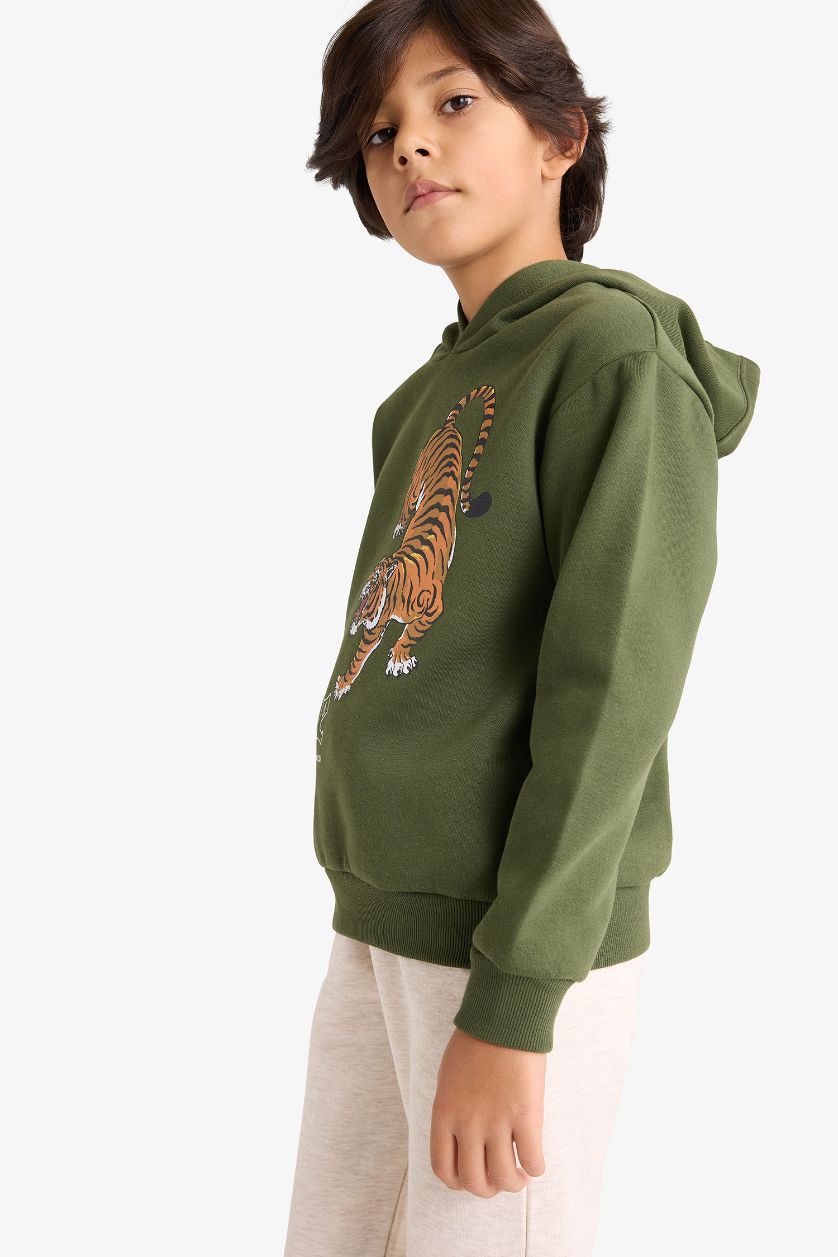 Erkek Çocuk - Genç Erkek Haki 2'li Takım Kaplan Baskılı Kapüşonlu Sweatshirt Eşofman Altı Erkek Çocuk
