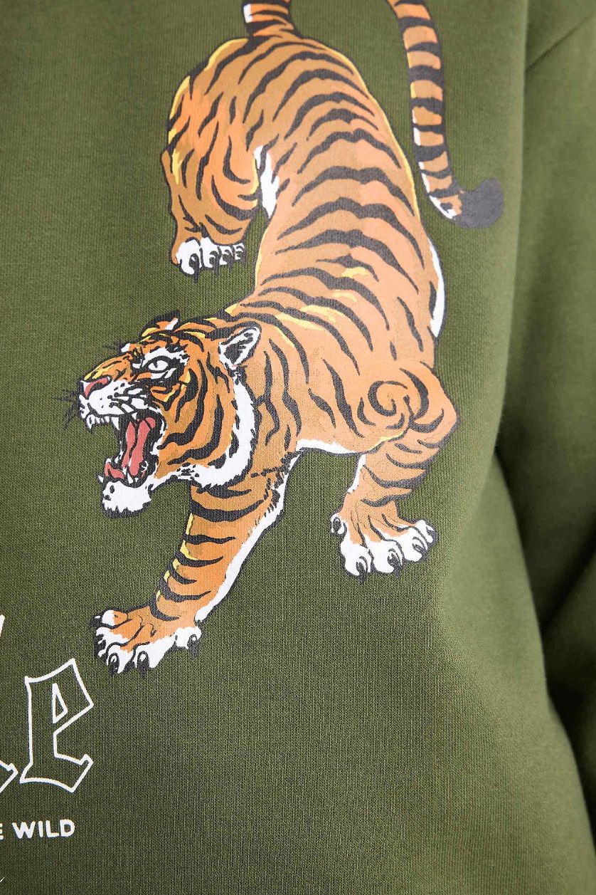 Erkek Çocuk - Genç Erkek Haki 2'li Takım Kaplan Baskılı Kapüşonlu Sweatshirt Eşofman Altı Erkek Çocuk