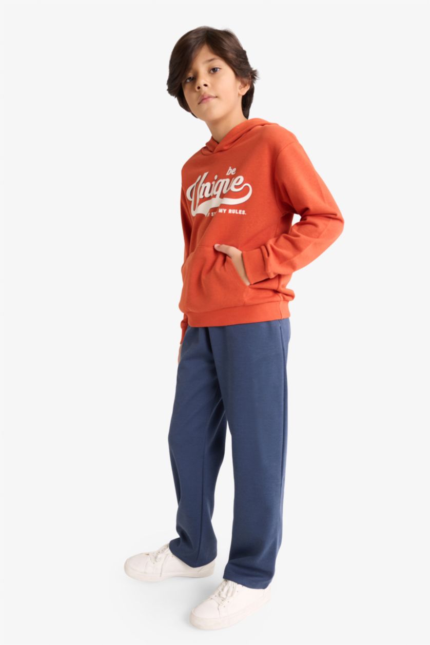 Erkek Çocuk - Genç Erkek Koyu Turuncu 2'li Takım Kapüşonlu Baskılı Sweatshirt Eşofman Altı Erkek Çocuk