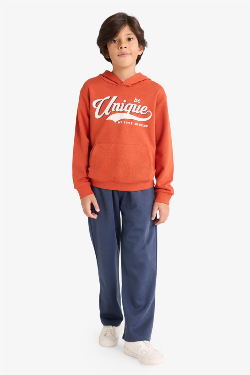 Erkek Çocuk - Genç Erkek Koyu Turuncu 2'li Takım Kapüşonlu Baskılı Sweatshirt Eşofman Altı Erkek Çocuk