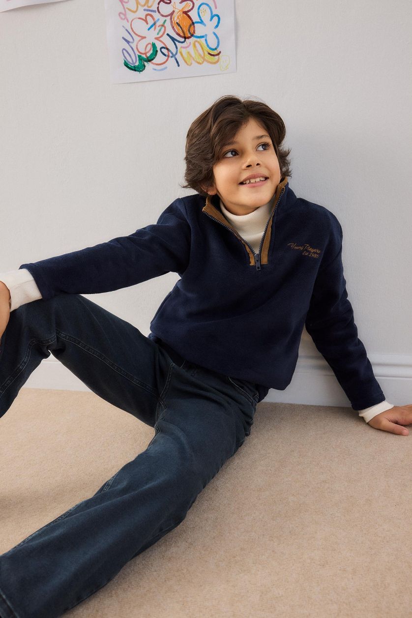 Erkek Çocuk - Genç Erkek Lacivert Yarım Balıkçı Yaka Fermuarlı Nakışlı İçi Yumuşak Tüylü Polar Sweatshirt Erkek Çocuk