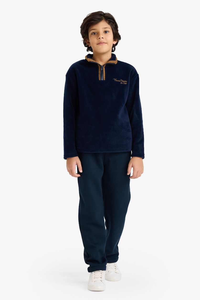 Erkek Çocuk - Genç Erkek Lacivert Yarım Balıkçı Yaka Fermuarlı Nakışlı İçi Yumuşak Tüylü Polar Sweatshirt Erkek Çocuk