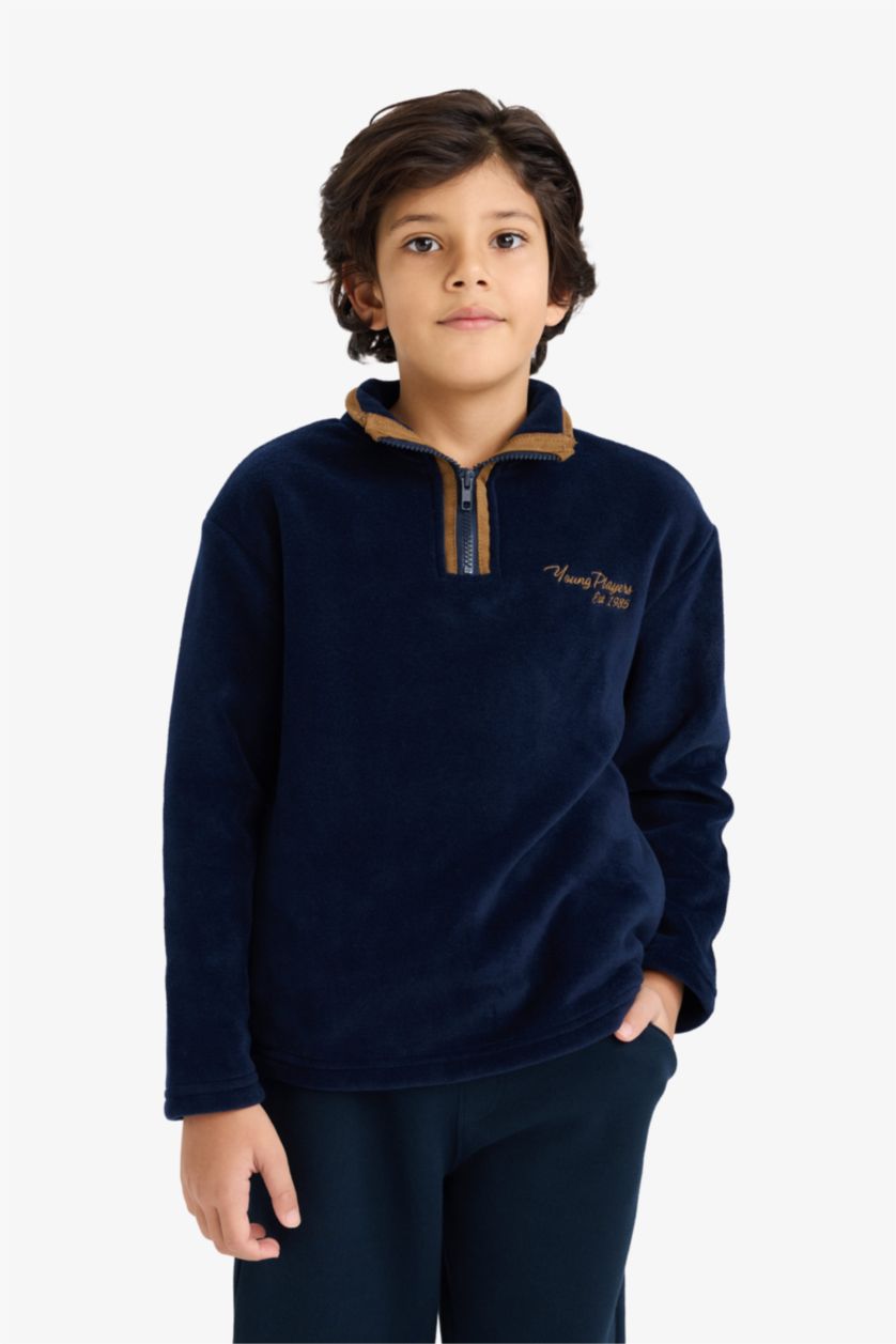 Erkek Çocuk - Genç Erkek Lacivert Yarım Balıkçı Yaka Fermuarlı Nakışlı İçi Yumuşak Tüylü Polar Sweatshirt Erkek Çocuk